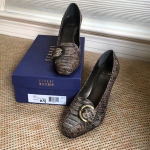 Stuart Weitzman wood washed boa shoes.